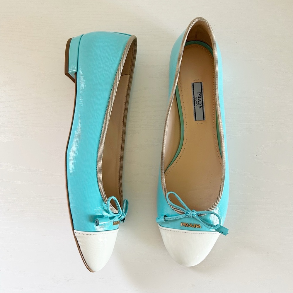 Prada Turquoise Blue White Cap Toe Ballet Flats Bow Logo Size EU 38